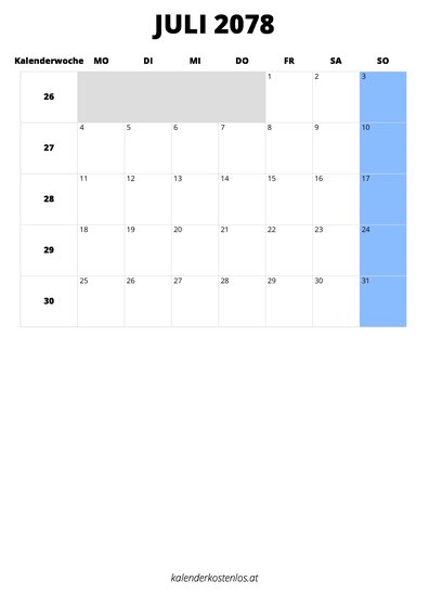 Kalender Juli 2078 im Hochformat