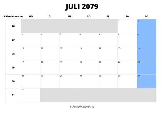 Kalender Juli 2079 Kalender Juli 2079 im Querformat