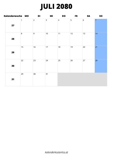 Kalender Juli 2080 Kalender Juli 2080 im Hochformat
