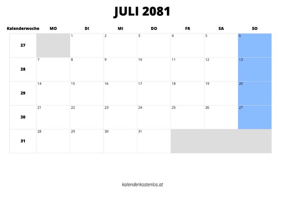 Kalender Juli 2081 im Querformat