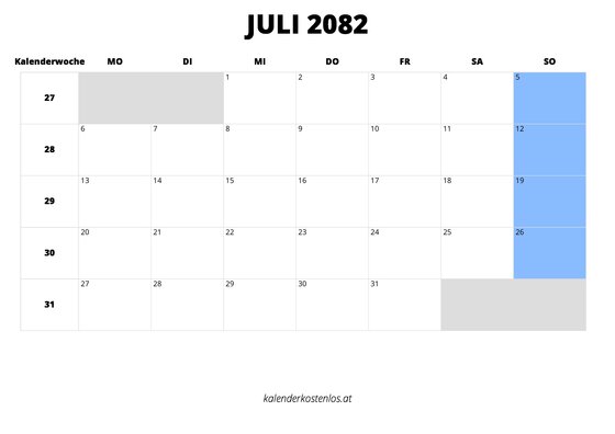 Kalender Juli 2082 im Querformat