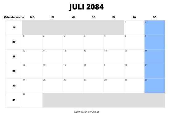 Kalender Juli 2084 Kalender Juli 2084 im Querformat