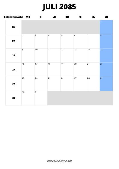 Kalender Juli 2085 im Hochformat