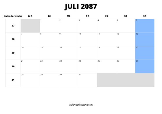 Kalender Juli 2087 im Querformat