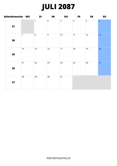 Kalender Juli 2087 im Hochformat
