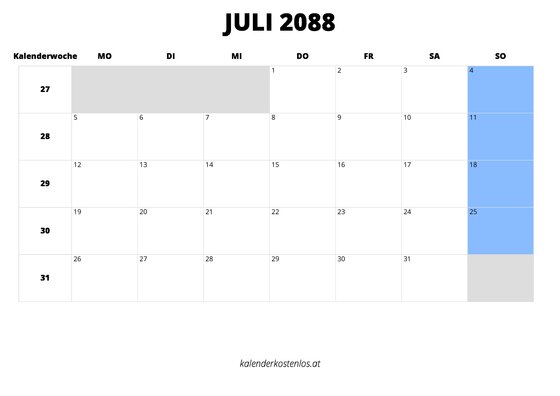 Kalender Juli 2088 im Querformat