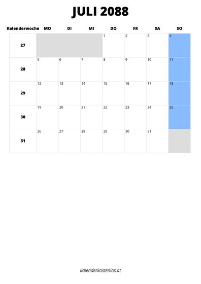 Kalender Juli 2088 im Hochformat