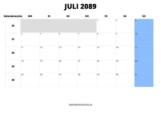 Kalender Juli 2089 im Querformat