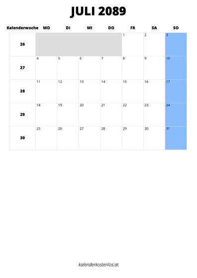 Kalender Juli 2089 im Hochformat