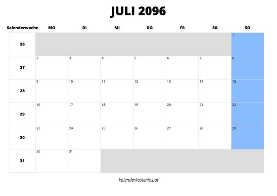 Kalender Juli 2096 Kalender Juli 2096 im Querformat