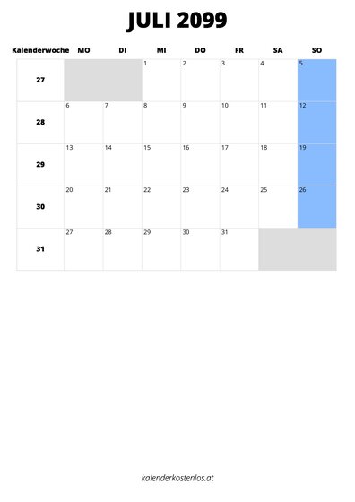 Kalender Juli 2099 im Hochformat