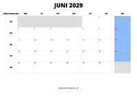 Kalender Juni 2029 im Querformat
