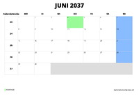 Kalender Juni 2037 im Querformat