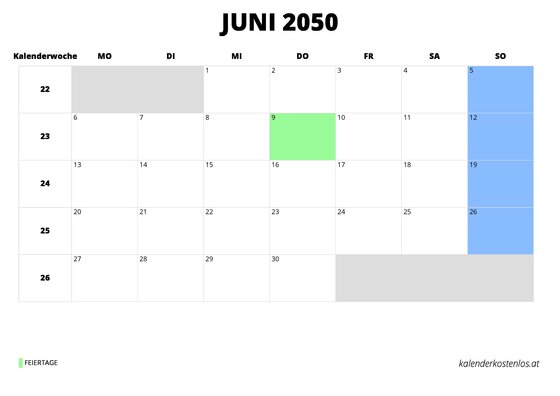 Kalender Juni 2050 im Querformat