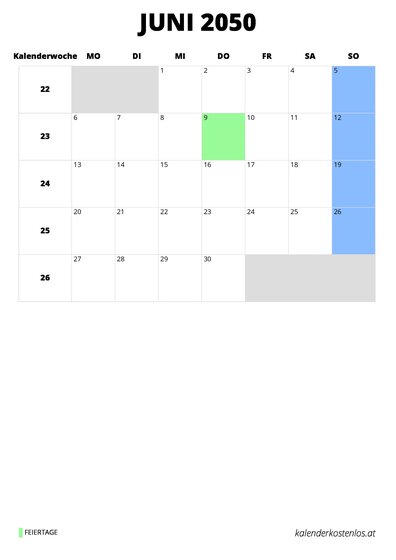 Kalender Juni 2050 im Hochformat