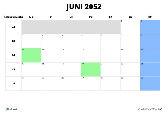 Kalender Juni 2052 im Querformat