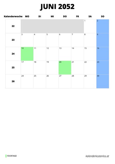 Kalender Juni 2052 im Hochformat