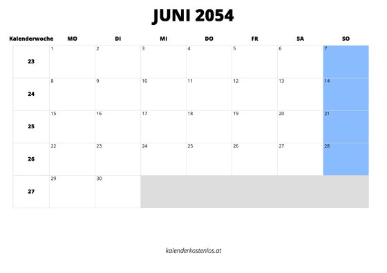 Kalender Juni 2054 im Querformat