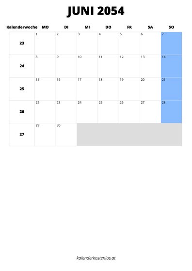 Kalender Juni 2054 im Hochformat