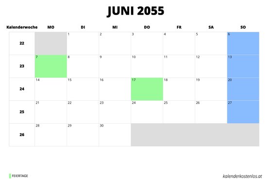 Kalender Juni 2055 im Querformat