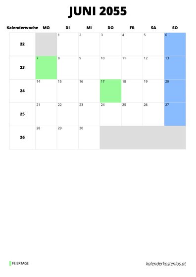 Kalender Juni 2055 im Hochformat