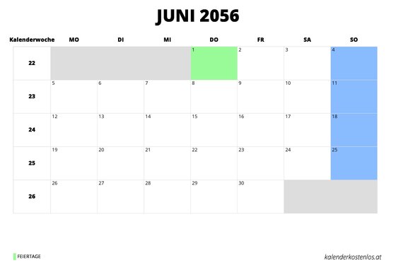 Kalender Juni 2056 im Querformat