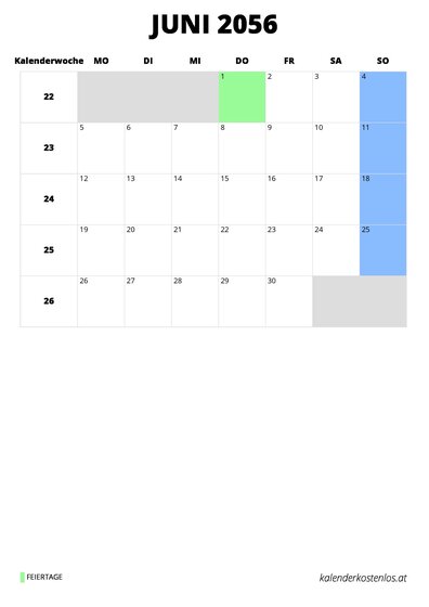 Kalender Juni 2056 im Hochformat