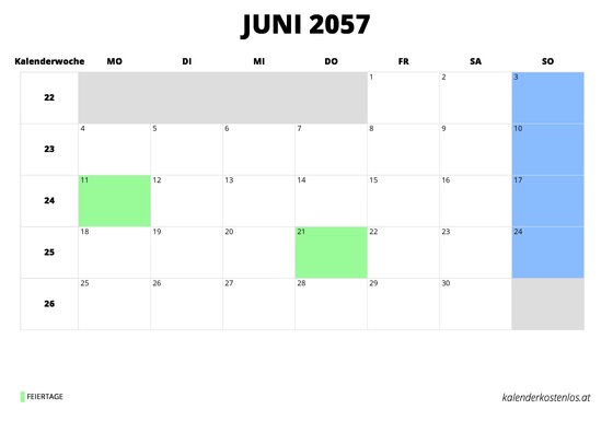 Kalender Juni 2057 im Querformat