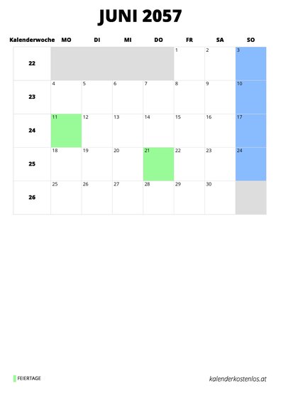 Kalender Juni 2057 im Hochformat