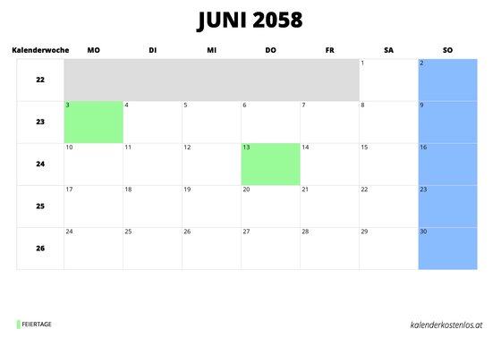 Kalender Juni 2058 Kalender Juni 2058 im Querformat