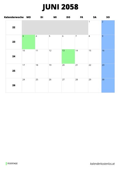 Kalender Juni 2058 Kalender Juni 2058 im Hochformat