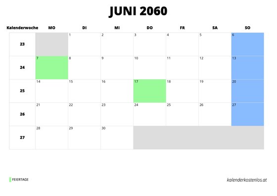 Kalender Juni 2060 Kalender Juni 2060 im Querformat