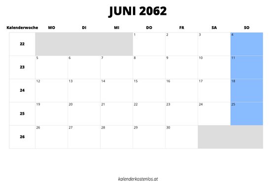 Kalender Juni 2062 im Querformat