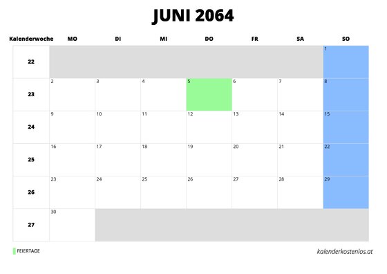 Kalender Juni 2064 im Querformat
