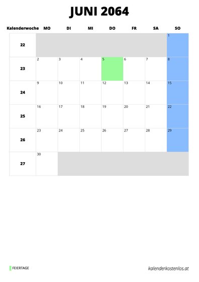 Kalender Juni 2064 im Hochformat