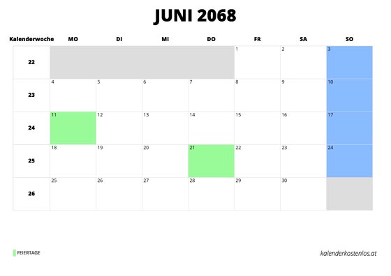 Kalender Juni 2068 im Querformat