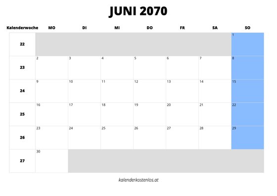 Kalender Juni 2070 Kalender Juni 2070 im Querformat
