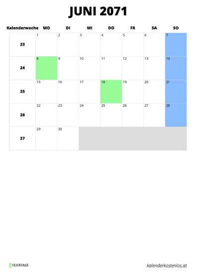 Kalender Juni 2071 Kalender Juni 2071 im Hochformat