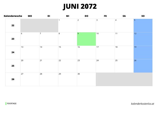 Kalender Juni 2072 Kalender Juni 2072 im Querformat