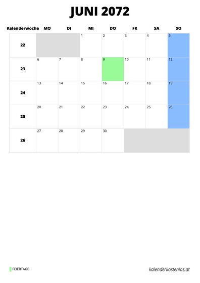 Kalender Juni 2072 Kalender Juni 2072 im Hochformat