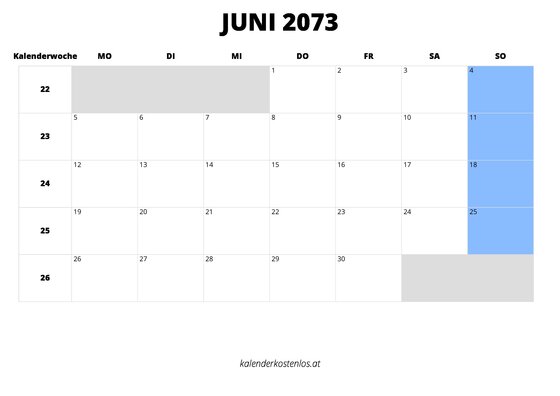 Kalender Juni 2073 Kalender Juni 2073 im Querformat