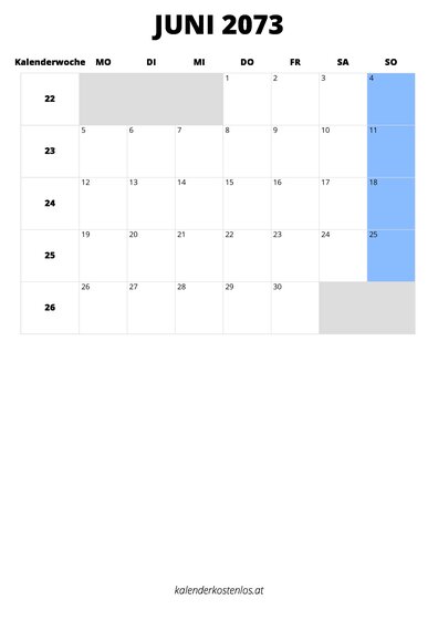 Kalender Juni 2073 Kalender Juni 2073 im Hochformat