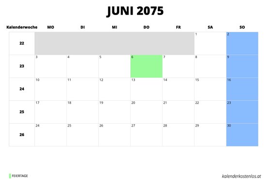 Kalender Juni 2075 Kalender Juni 2075 im Querformat