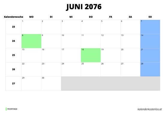 Kalender Juni 2076 im Querformat