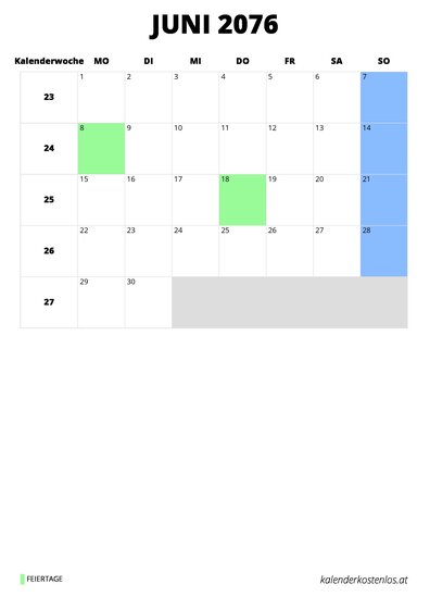 Kalender Juni 2076 im Hochformat