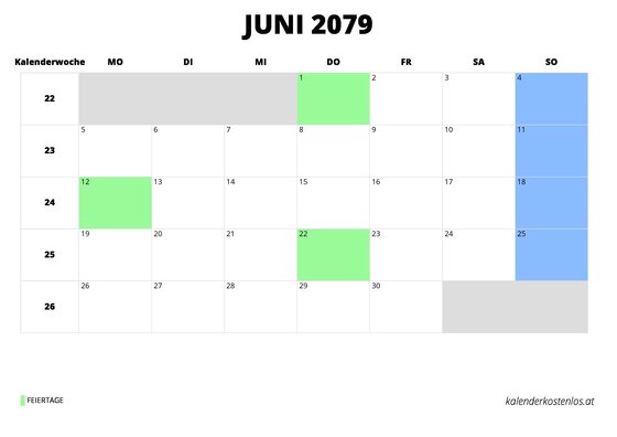 Kalender Juni 2079 Kalender Juni 2079 im Querformat