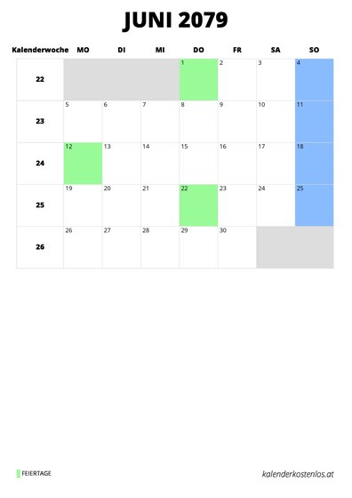 Kalender Juni 2079 Kalender Juni 2079 im Hochformat