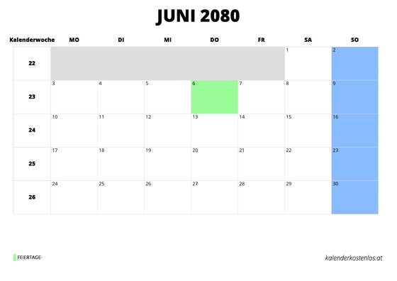 Kalender Juni 2080 im Querformat