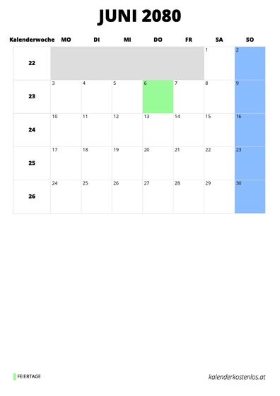 Kalender Juni 2080 im Hochformat