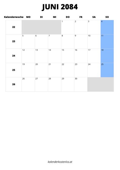 Kalender Juni 2084 Kalender Juni 2084 im Hochformat